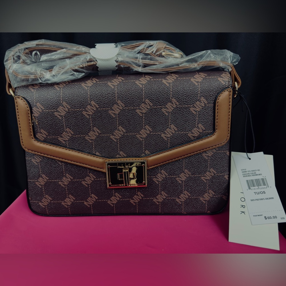 Nicole Miller Brown Logo Rose Gold Hardware Shoulder/Crossbody Bag Purse.    NWT